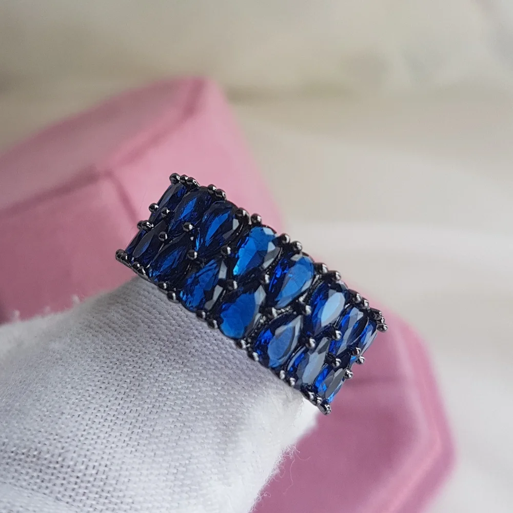 Swarovski Elements Black Finish Royal Blue Teardrop Eternity Band Ring NEW